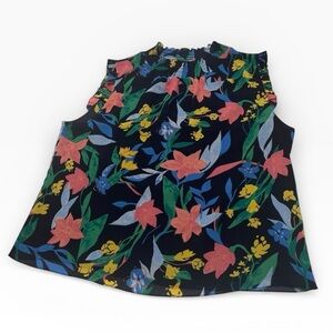 J. Crew Black Floral Sleeveless Blouse Size 14 Smocked Neck Ruffle Trim